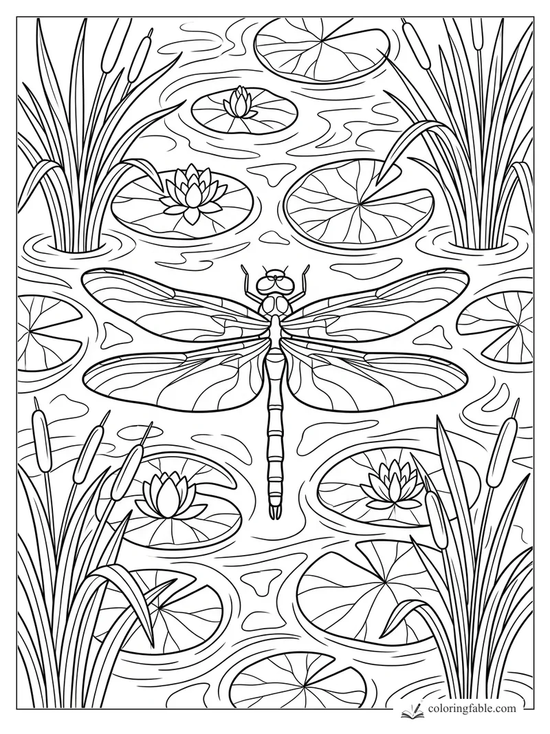 Dragonfly hovering above lily pads, water lilies, cattails, and rippling pond water