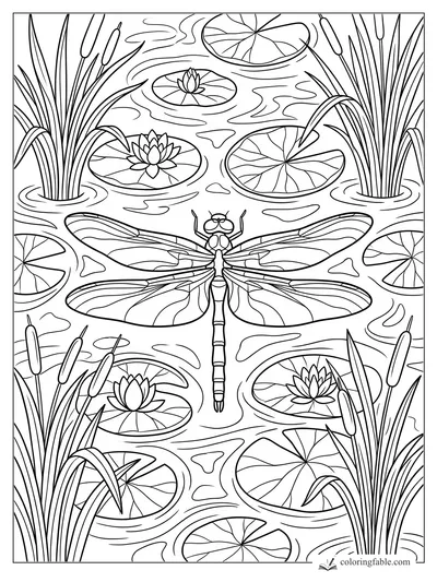 Dragonfly hovering above lily pads, water lilies, cattails, and rippling pond water