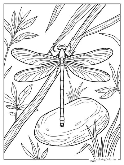Realistic dragonfly with veined wings perched among pond reeds above a smooth stone.