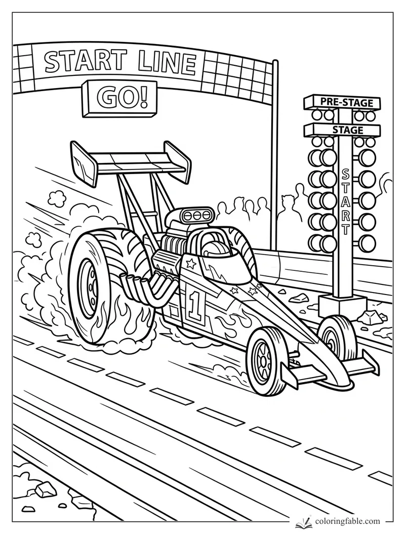 Cartoon dragster with number 1 racing under a START LINE banner beside a drag racing light tree.