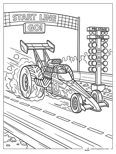 Cartoon dragster with number 1 racing under a START LINE banner beside a drag racing light tree.