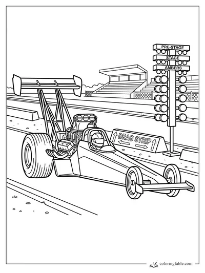 Drag racing car at the starting lights with grandstands and a Drag Strip sign