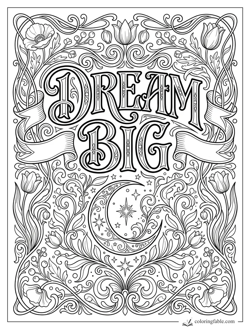Intricate art nouveau Dream Big affirmation with tulips, poppies, scrollwork, stars, and crescent moon.