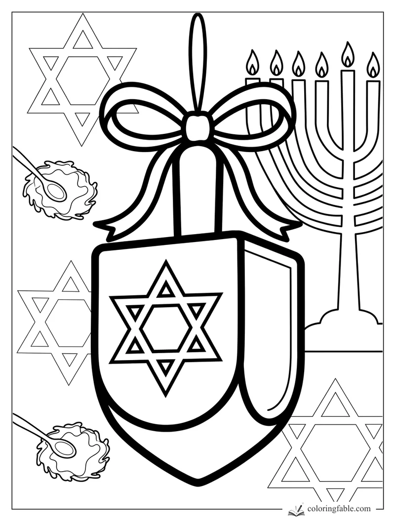Dreidel ornament with a big bow, Star of David designs, latkes, and a lit menorah