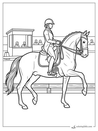 Dressage horse and helmeted rider trotting in an arena past a judges booth and spectators