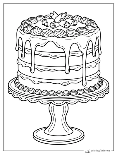 Layer cake on a pedestal stand with dripping frosting, piped swirls, and chocolate curls on top