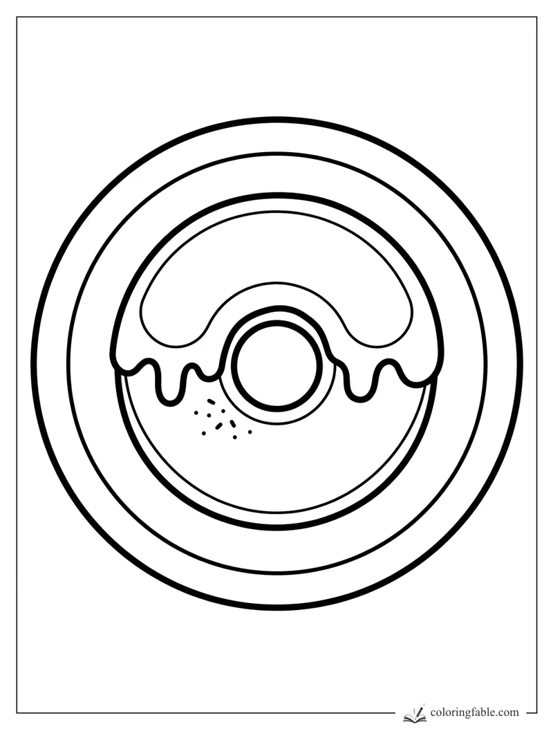Bold easy donut coloring page with drippy frosting, center hole, sprinkles, and round plate