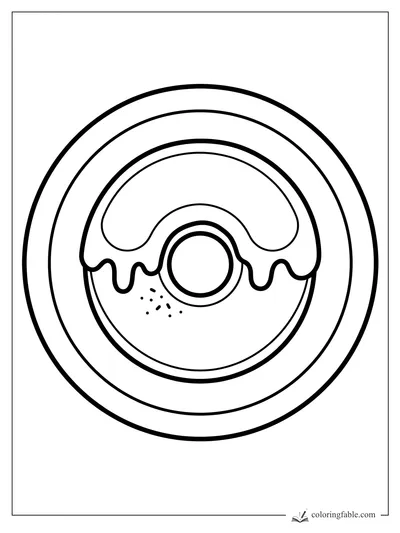 Bold easy donut coloring page with drippy frosting, center hole, sprinkles, and round plate
