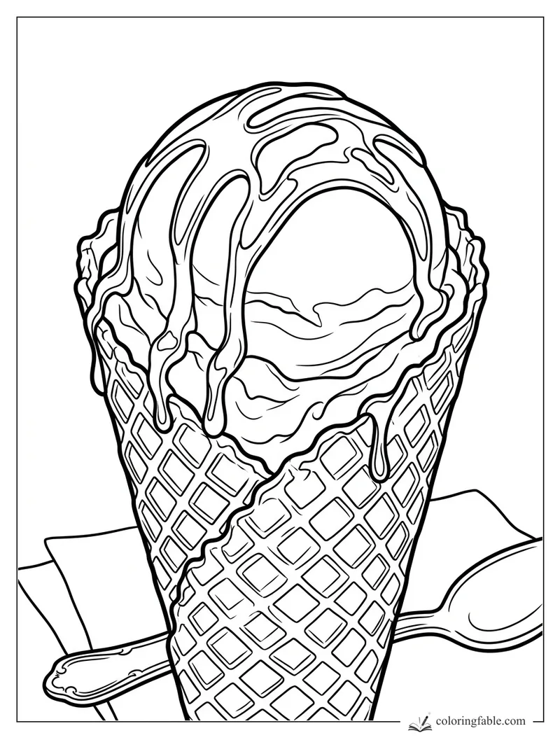 Realistic ice cream scoop with dripping sauce in a waffle cone, with spoon and napkin behind it