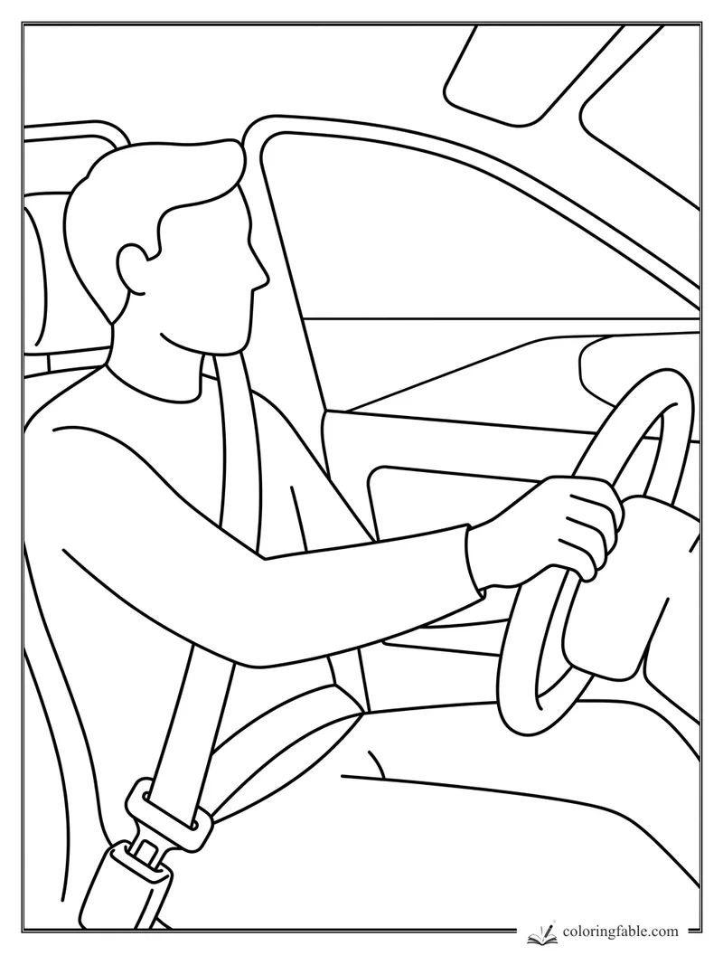 Minimalist coloring page of a smiling driver wearing a seat belt and holding a steering wheel inside a car.