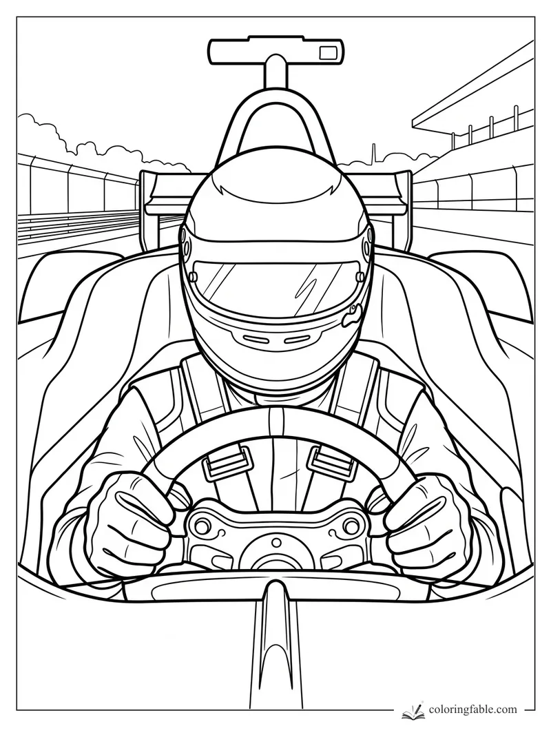 Helmeted driver grips the steering wheel in an open-wheel race car on pit lane.