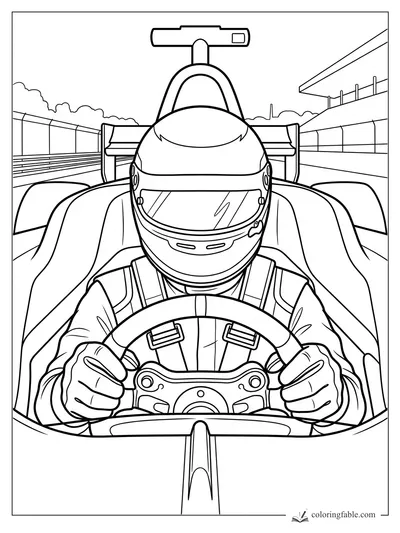 Helmeted driver grips the steering wheel in an open-wheel race car on pit lane.
