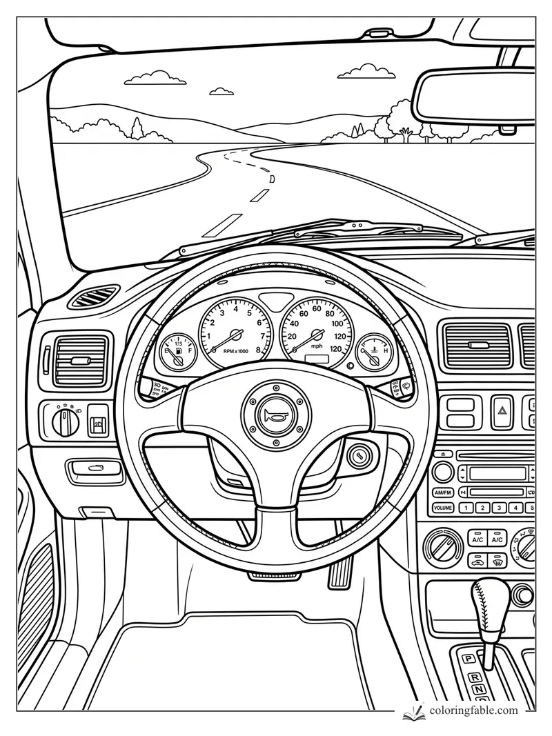 Realistic car interior coloring page with steering wheel, dashboard gauges, road, hills, trees, and rearview mirror.