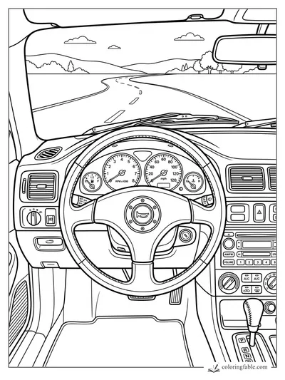 Realistic car interior coloring page with steering wheel, dashboard gauges, road, hills, trees, and rearview mirror.