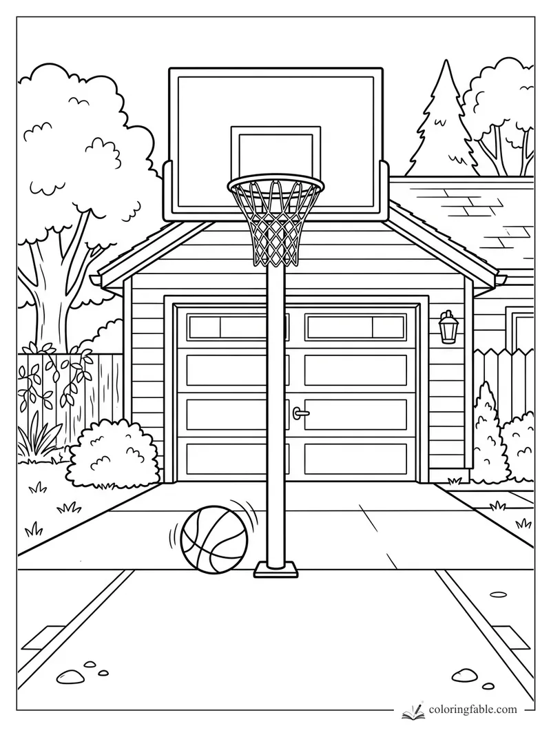 Basketball hoop in a driveway before a garage, with a ball bouncing near the pole and trees behind the house.