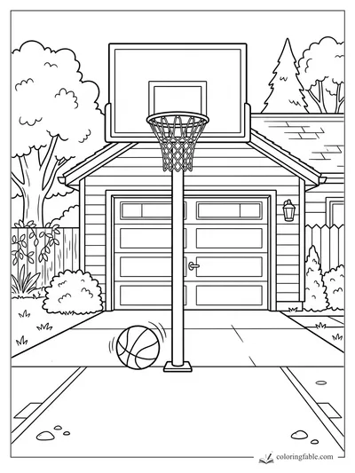 Basketball hoop in a driveway before a garage, with a ball bouncing near the pole and trees behind the house.