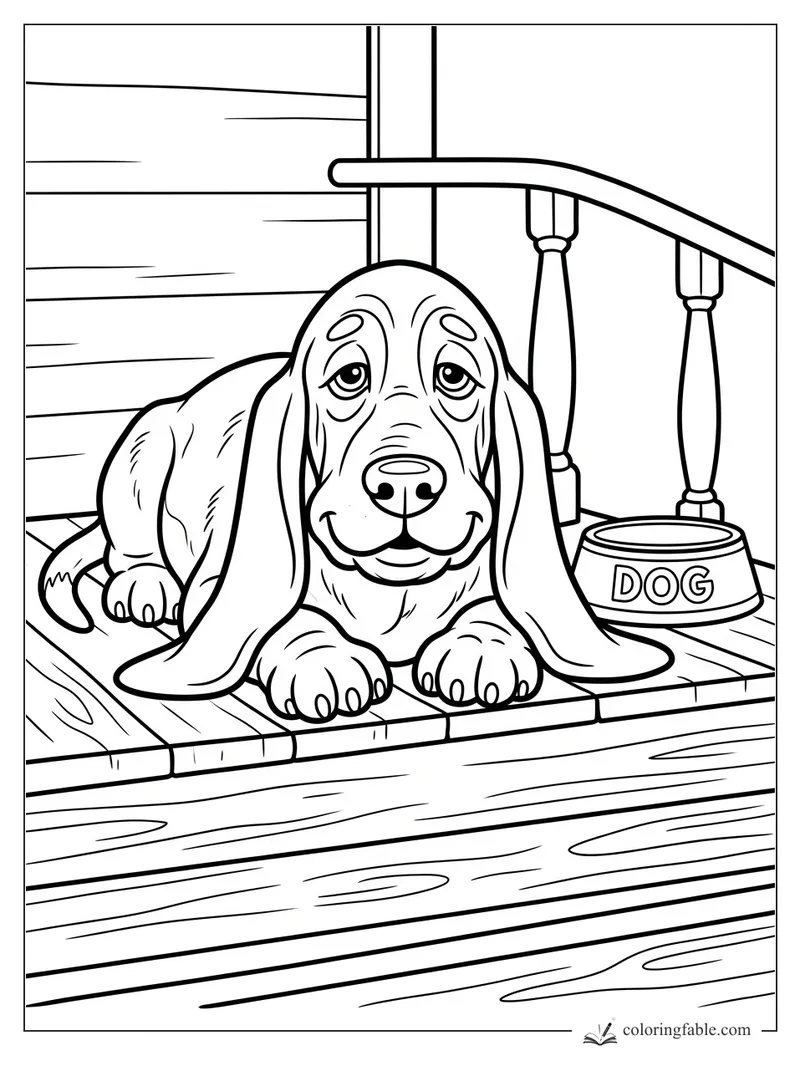 Easy coloring page of a droopy-eared dog lying on a wooden porch beside a bowl labeled DOG.
