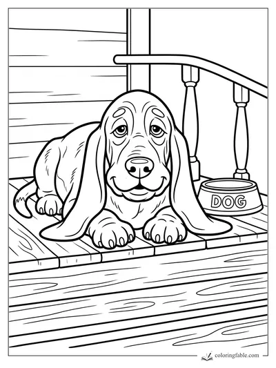Easy coloring page of a droopy-eared dog lying on a wooden porch beside a bowl labeled DOG.