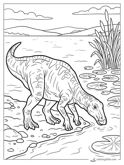Duck-billed dinosaur drinking at a pond with lily pads, cattails, hills, and clouds