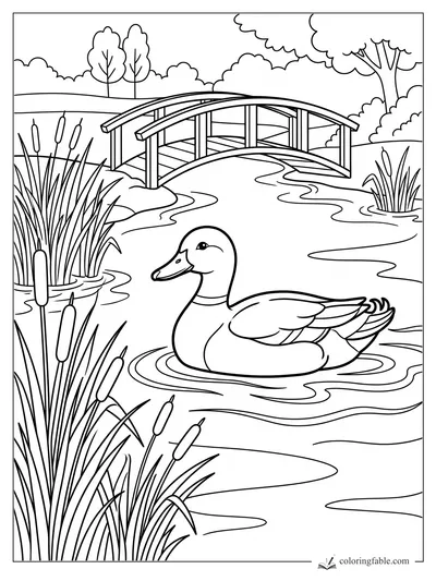 Duck swimming past cattails beneath a small arched wooden bridge in a farm pond coloring page