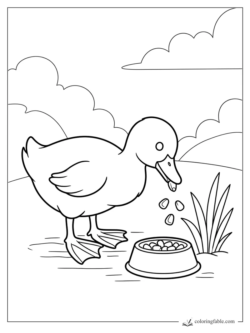 Duck coloring page with a smiling duck dropping pellets into a food bowl beside tall grass and clouds.