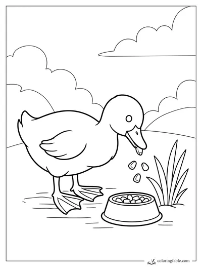 Duck coloring page with a smiling duck dropping pellets into a food bowl beside tall grass and clouds.