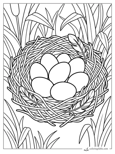 Duck eggs nestled in a twig nest among tall reeds and cattails coloring page
