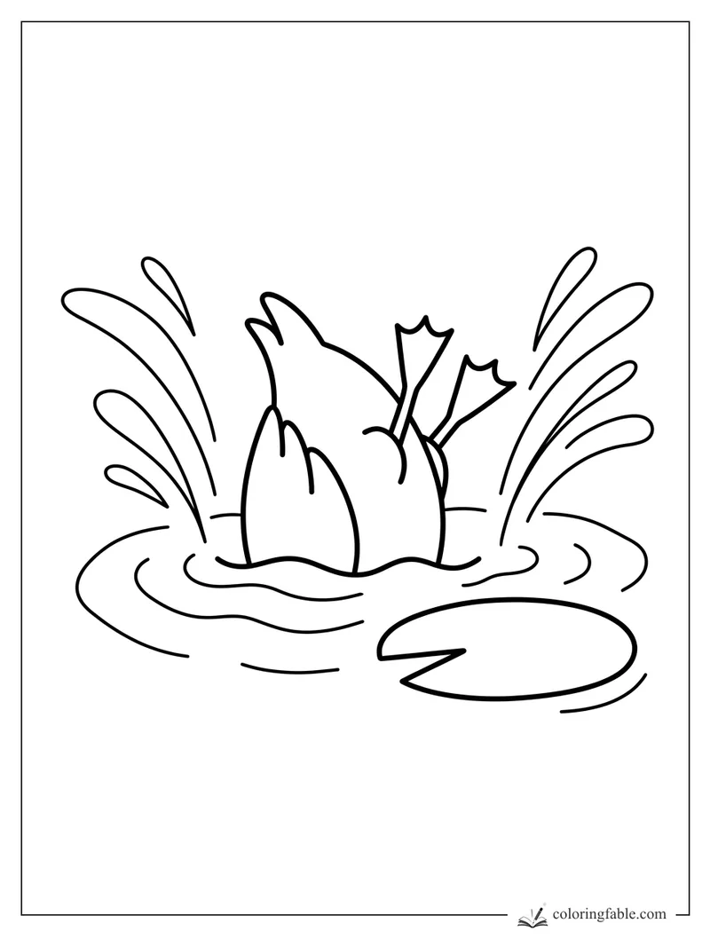 Minimalist duck upside down in pond with webbed feet, big splashes, ripples, and a lily pad.