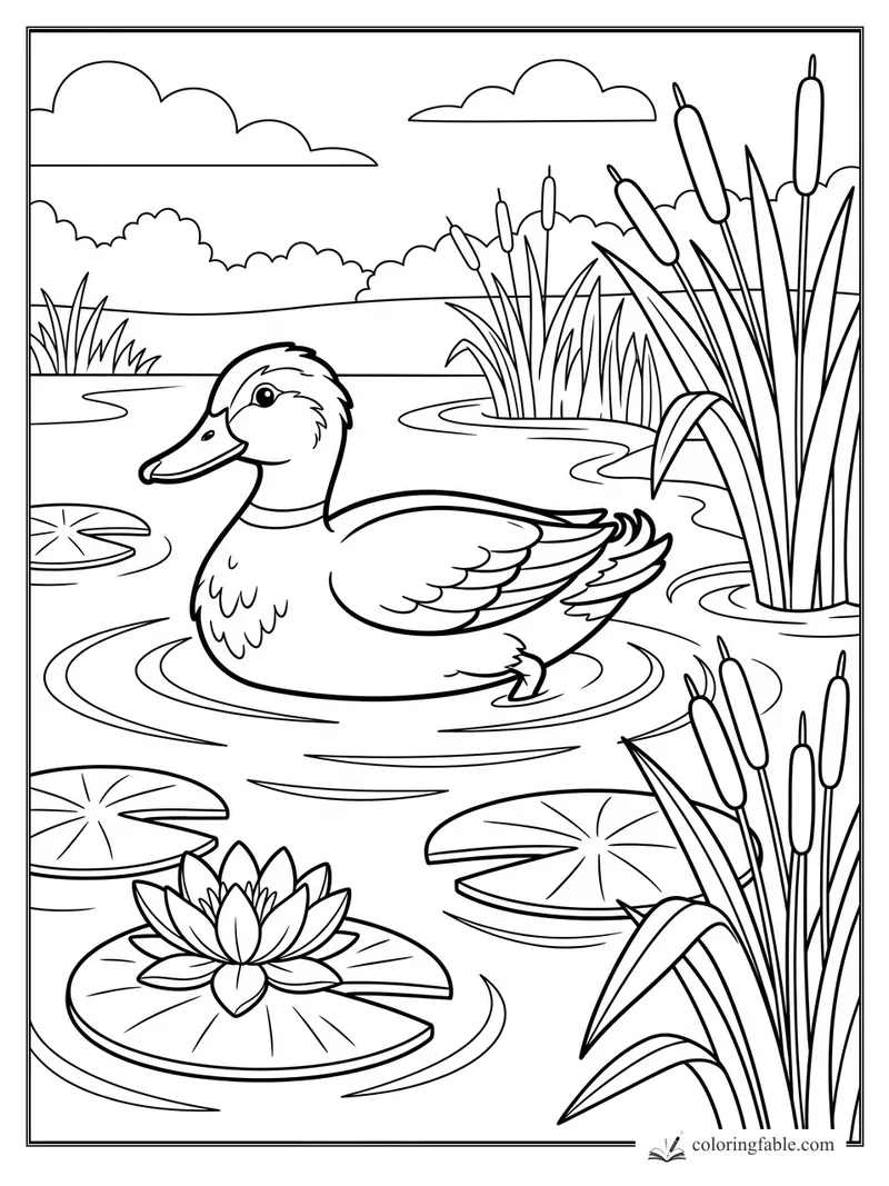 Duck swimming in a pond with cattails, lily pads, a blooming water lily, bushes, and clouds