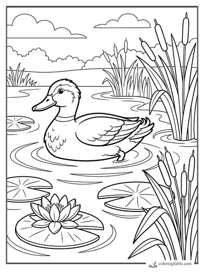 Duck swimming in a pond with cattails, lily pads, a blooming water lily, bushes, and clouds