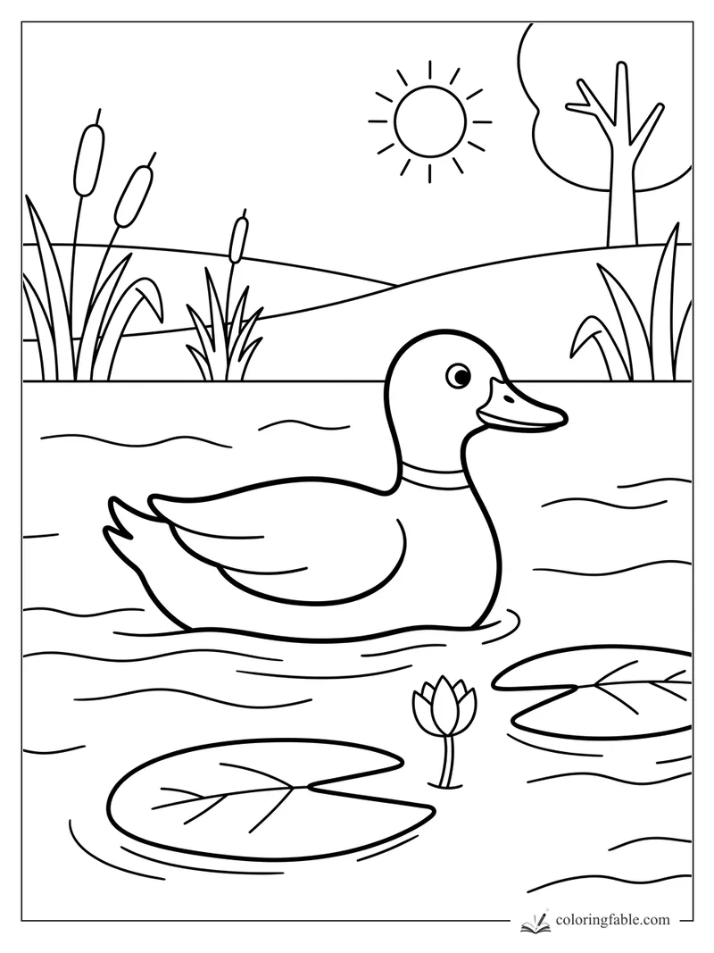 Duck swimming on a pond with lily pads, cattails, hills, sun, and a tree in the background