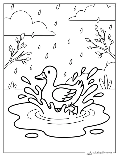 Easy duck coloring page with a smiling duck splashing in a rain puddle under clouds and falling raindrops.