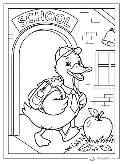 Cartoon duck student with cap, backpack, tie, and apple walking through a school doorway.