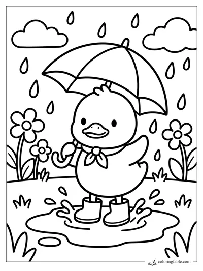 Cute duckling with umbrella, rain boots, puddle splashes, clouds, flowers, and raindrops coloring page