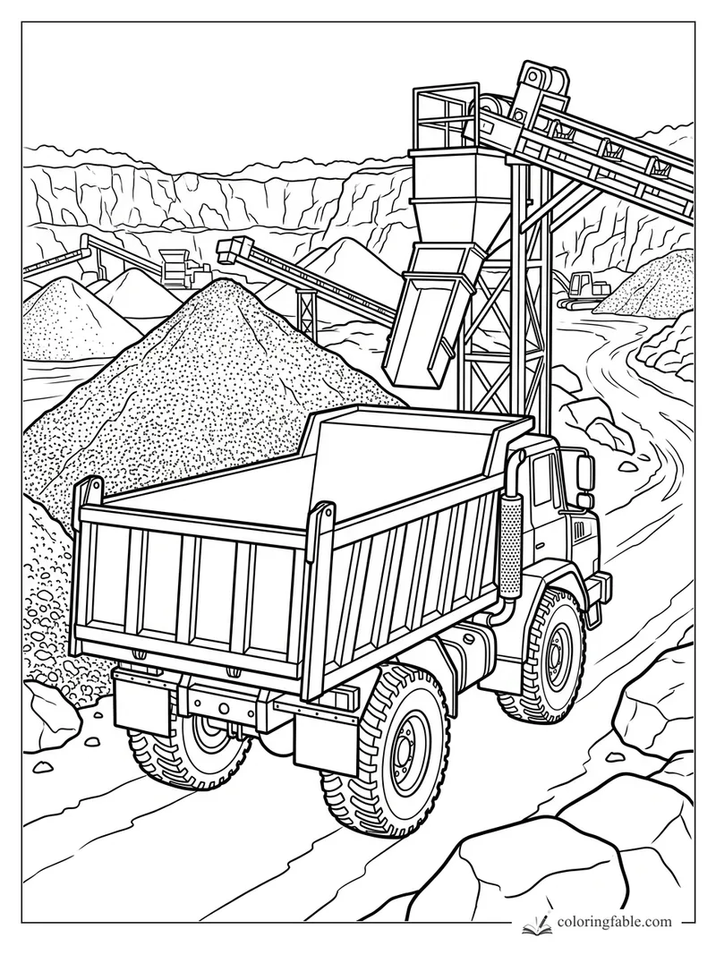 Dump truck waiting below a quarry conveyor with gravel piles, rock cliffs, and winding haul roads
