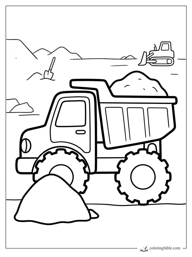 Bold dump truck coloring page with dirt load, big tires, shovel, bulldozer, rocks, and hills.