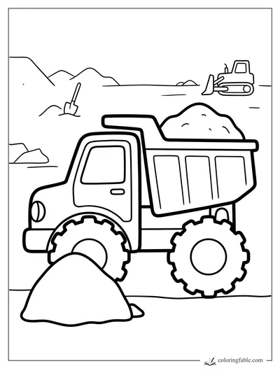 Bold dump truck coloring page with dirt load, big tires, shovel, bulldozer, rocks, and hills.