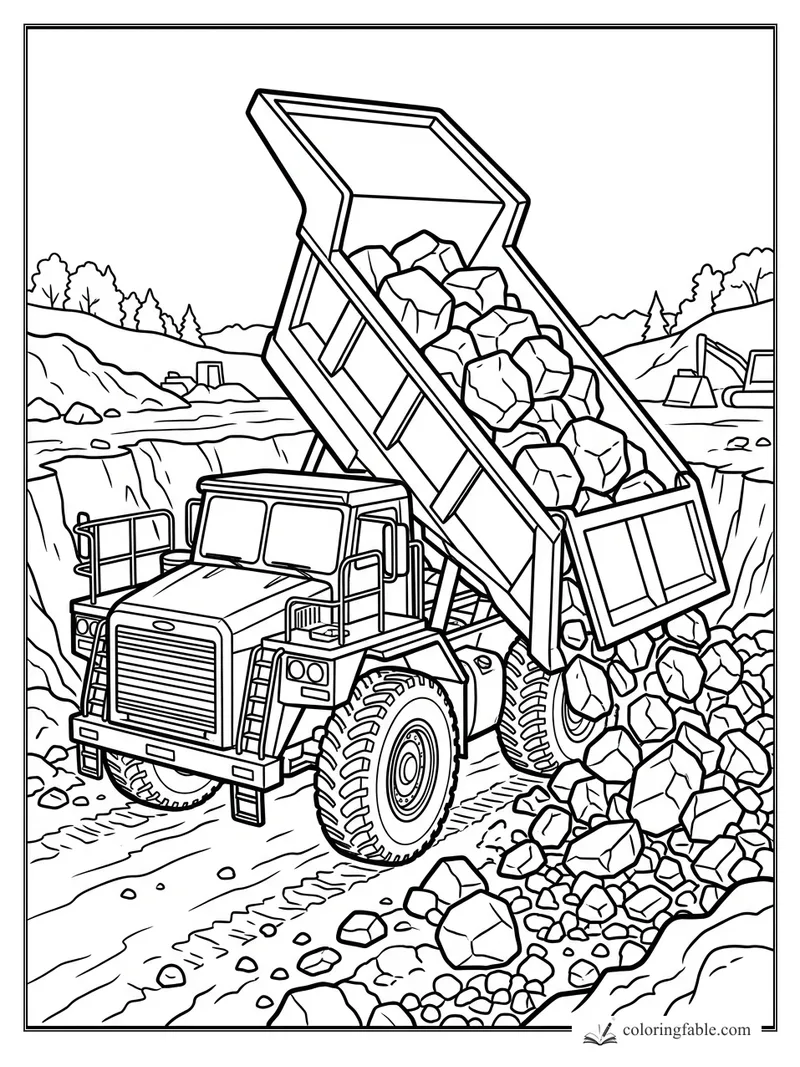 Easy coloring page of a dump truck tipping rocks into a quarry pit with an excavator in the background