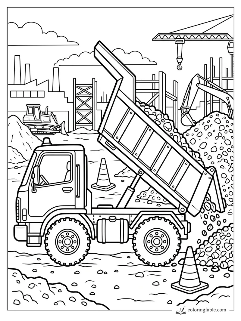 Dump truck tipping gravel at a construction site with crane, excavator, bulldozer, and cones