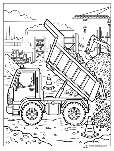 Dump truck tipping gravel at a construction site with crane, excavator, bulldozer, and cones