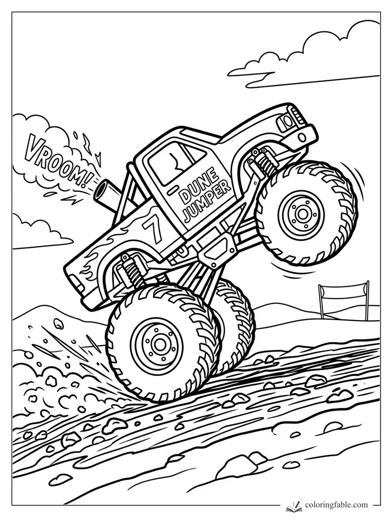 Dune Jumper monster truck doing a wheelie on a rocky dirt hill with VROOM smoke
