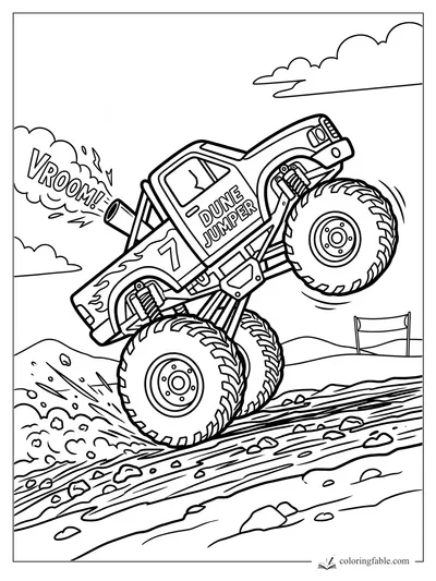 Dune Jumper monster truck doing a wheelie on a rocky dirt hill with VROOM smoke