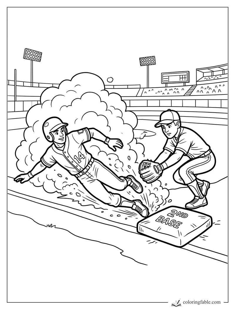 Cartoon baseball runner sliding into 2nd base as a fielder reaches with a glove in a stadium.