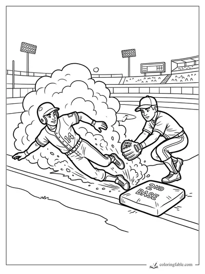 Cartoon baseball runner sliding into 2nd base as a fielder reaches with a glove in a stadium.