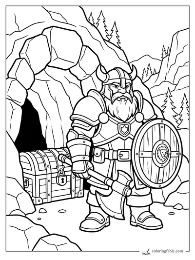 Dwarf warrior with horned helmet, shield, axe, and treasure chest outside a rocky mountain cave