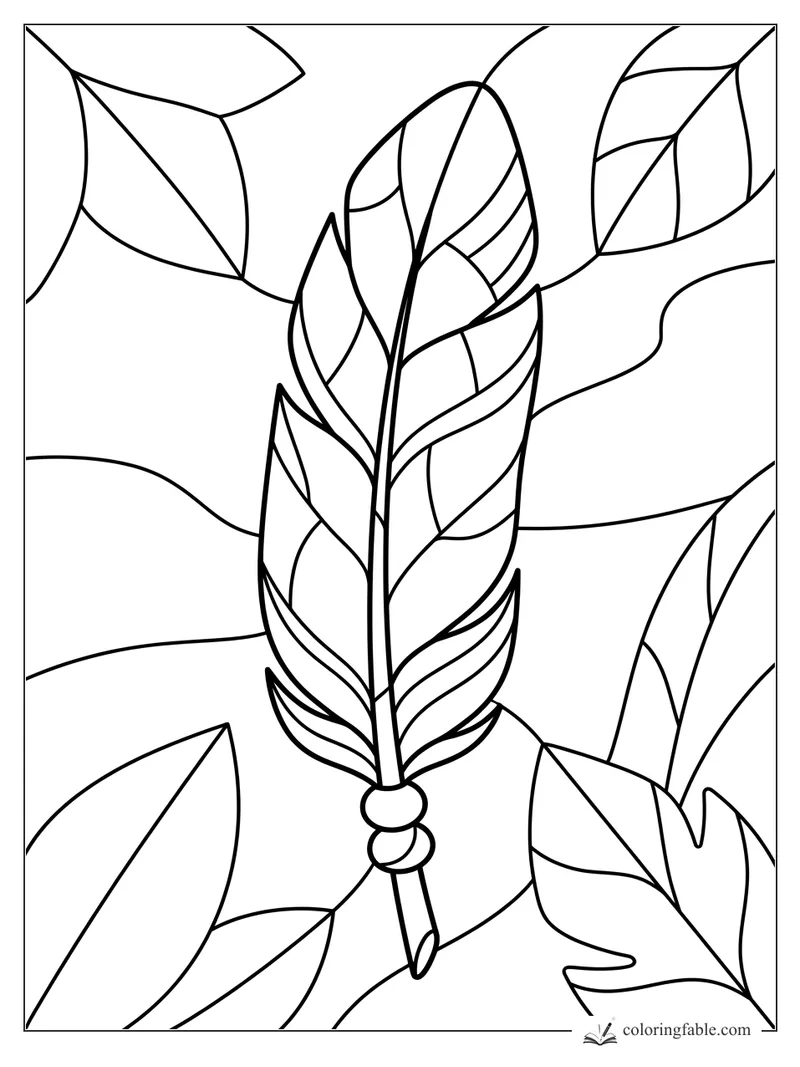 Stained-glass eagle feather hanging from a leafy branch with large outlined leaves