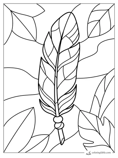 Stained-glass eagle feather hanging from a leafy branch with large outlined leaves