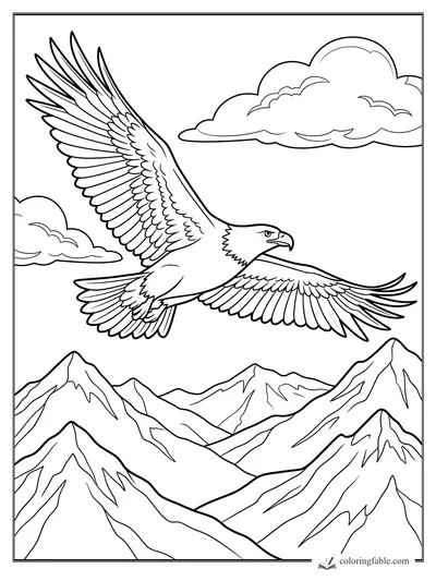 Realistic eagle flying with wide wings over sharp mountain peaks and clouds