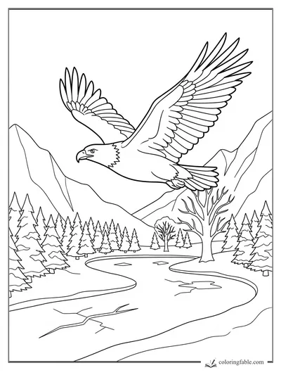 Eagle flying over a winding river, pine forest, bare tree, and sharp mountain peaks coloring page