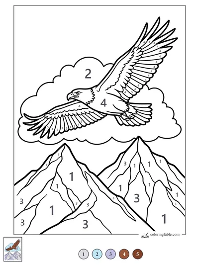 Eagle Gliding Over Cloudy Mountain Peaks — color by number